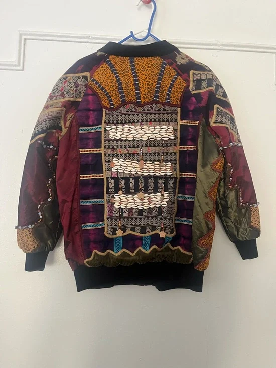 One of a kind. Patchwork Embellished Multicolor Bomber Jacket with Shell Accents - Picture 2 of 16